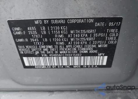 2017 Subaru Outback 2.5I Premium from USA, damaged, VIN 4S4BSAFC7H3415462